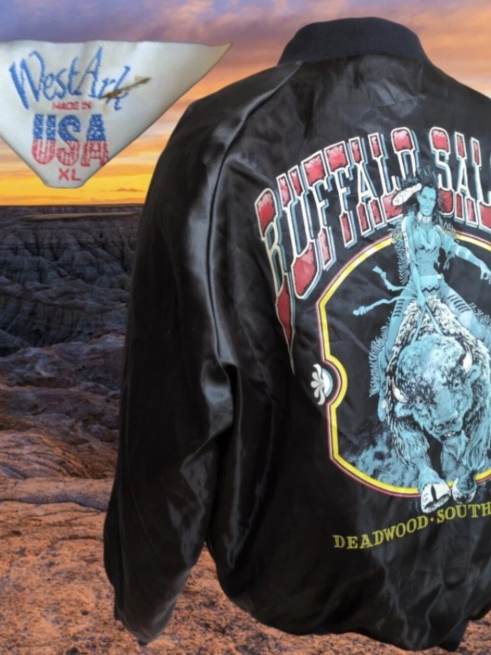 WestArk Deadwood South Dakota Buffalo Saloon Bomber Black Jacket VINTAGE XL